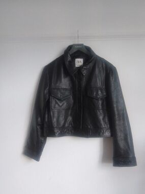Zara Black Leather Cropped Utility Jacket.100% Real Leather. Size XL